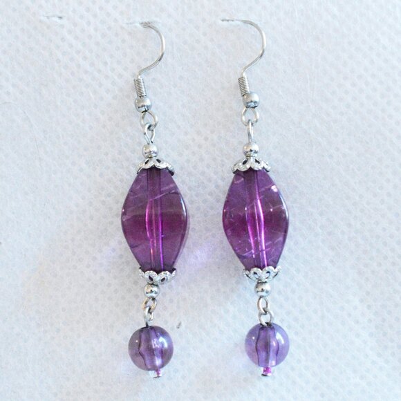 Purple Beaded Drop Earrings Lightweight Handmade Hypoallergenic Jewelry - Picture 2 of 5